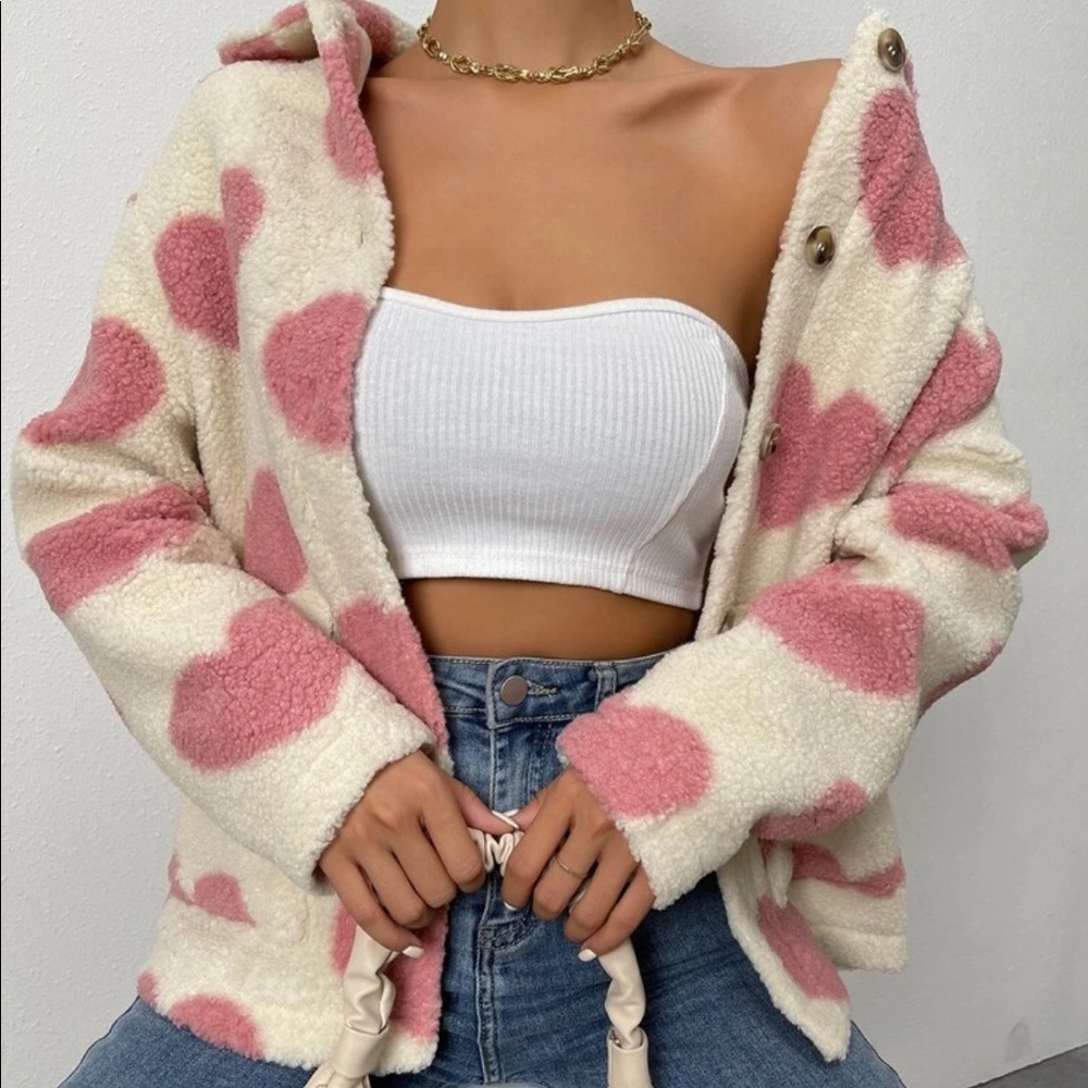 Teddy coat Sherpa jacket heart cream pink fuzzy warm collar winter - Picture 7 of 8